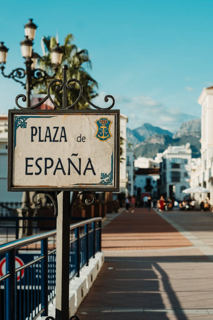 Sign of Plaza de España with scenic view in Nerja, Andalusia, Spain.